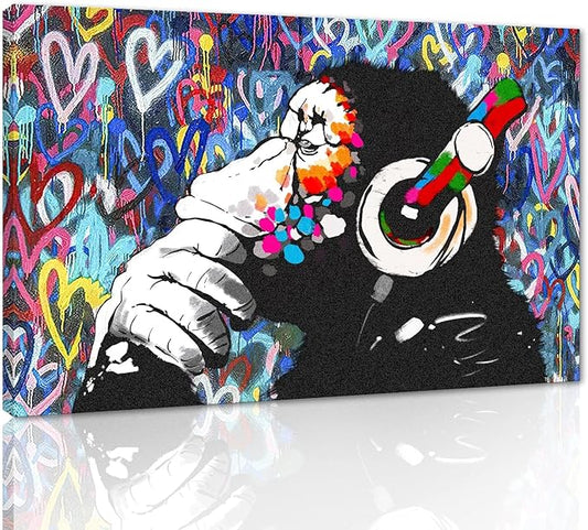Monkey Graffiti Wall Art - Thinking Monkey Poster, Funny Picture, Painting Print on Canvas, Suitable for Home Wall Decor - Framed, Ready to Hang - 28x44inch
