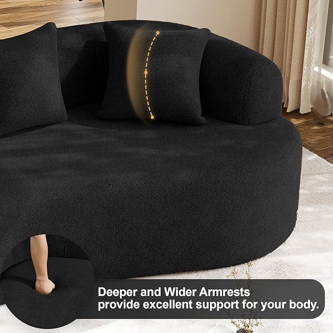 Oversized Sectional Sofa for Living Room, Modern Luxury Plush Chenille 4-Seater Extra Deep & Wide Seat Curved Cloud Couch with 4 Throw Pillows, No Assembly Needed, Black
