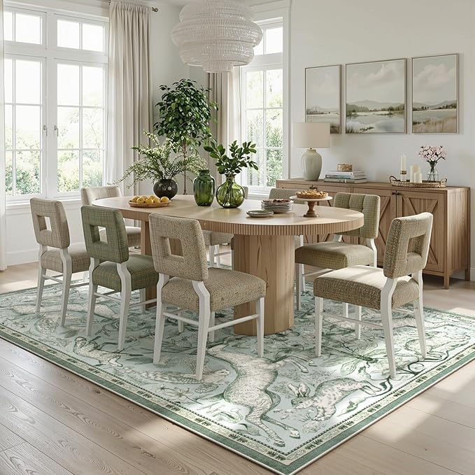 Lahome 8x10 Washable Deer Rug, Dorval Boho Woodland Cottage Area Rug, Non Slip Low Pile Large Light Green Carpet for Living Room Bedroom Dining Room Kitchen Nursery Decor