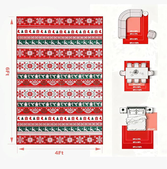 Area Rugs for Bedroom, 4x6 Ft Indoor Washable Rugs for Entryway Snowflake Print Living Room Carpet, Farmhouse Welcome Front Door Mat Non Slip Carpet for Entrance Porch Bath Kitchen, Green/Red