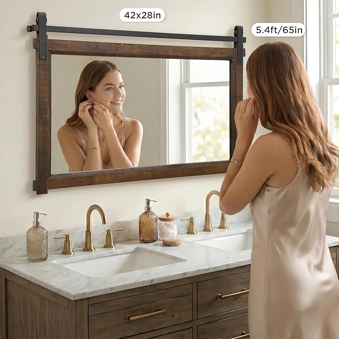 Besdomus Large Bathroom Rustic Mirror: 42"x28" Brown Barn Door Farmhouse Solid Cedar Wood Frame - Wall Decorative Mirror for Bedroom/Entryway/Bathroom - Modern Rustic Decor for Fashion-Conscious