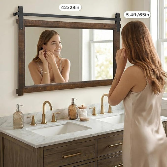 Besdomus Large Bathroom Rustic Mirror: 42"x28" Brown Barn Door Farmhouse Solid Cedar Wood Frame - Wall Decorative Mirror for Bedroom/Entryway/Bathroom - Modern Rustic Decor for Fashion-Conscious