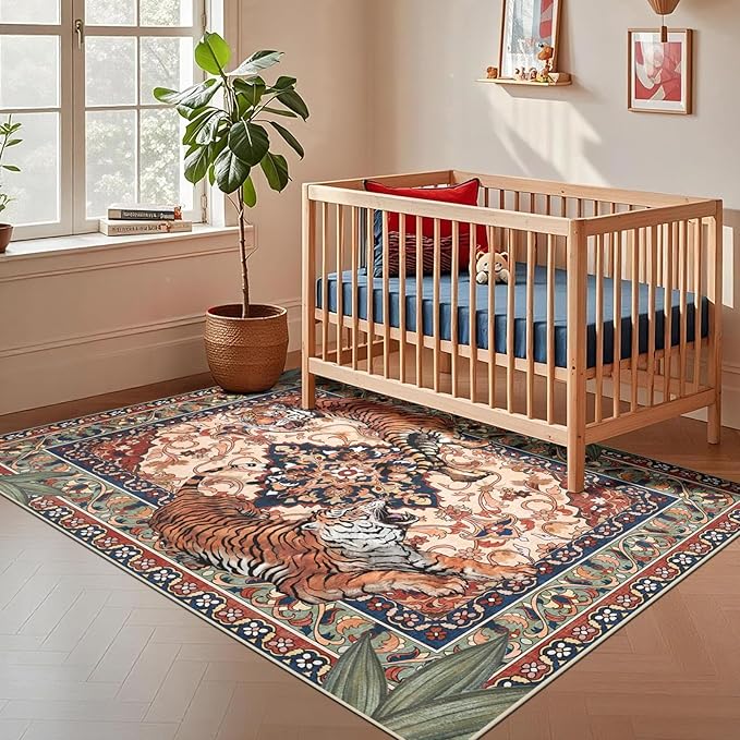 Tiger Washable Area Rugs for Living Room 5x7Ft Non Slip, Botanical Jungle Bedroom Rugs, Soft Boho Animal Printed Kids Nursery Floor Carpets for Dining Room Dorm Farmhouse Office, Red Blue