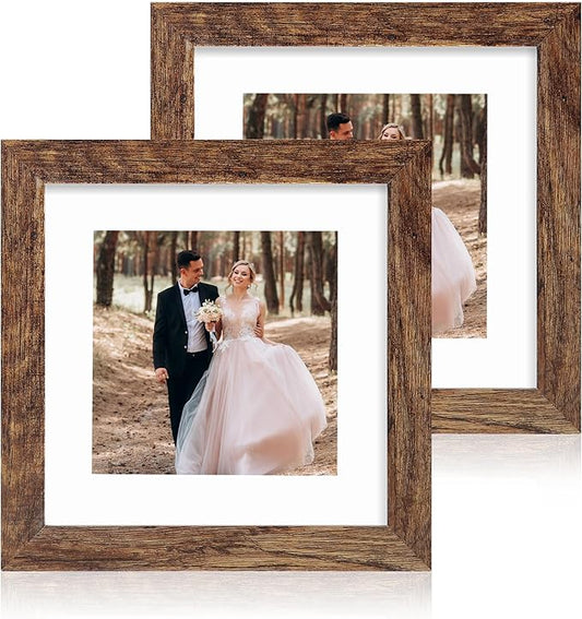 iRahmen 8x8 Picture Frame with Mat 6x6 - High Definition Real Glass Wooden Photo Frames for Tabletop Display and Wall Mounting (Brown, Set of 2)