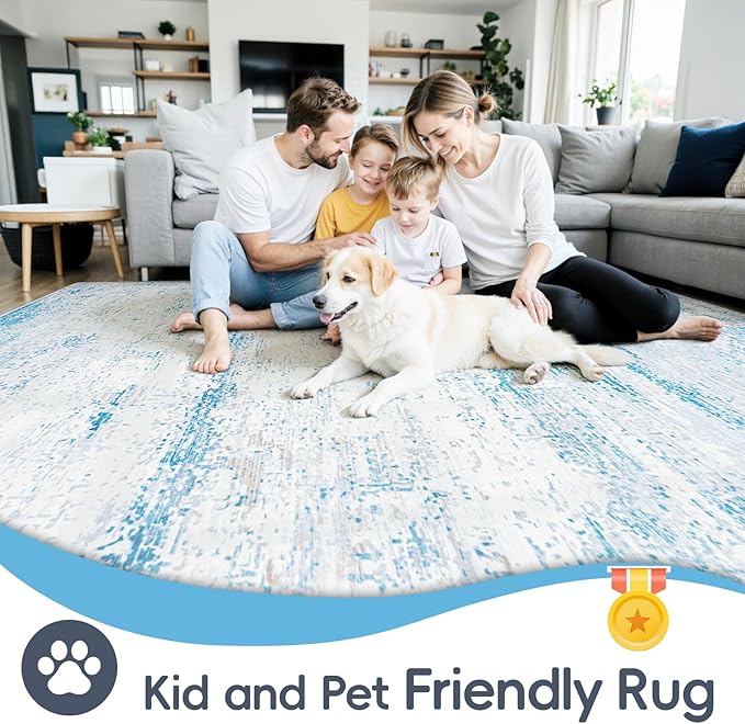 9x12 Area Rugs Washable Rug:Anti-Skid Abstract Modern Living Room Rug Soft Thin Carpets Indoor Floor Non-Shedding Carpet for Bedroom Dining Farmhouse Nursery Home Office(Light Blue/White/Beige, 9x12)
