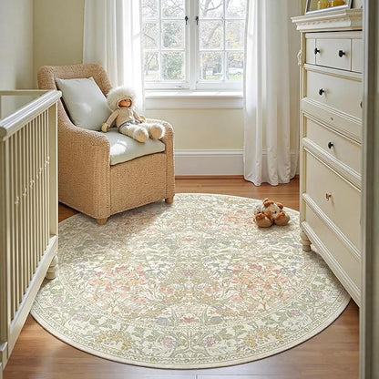 Lunasun Classic 7ft Round Sage Green Rugs for Living Room - Washable Non Slip Floral Area Rugs for Bedroom, Dining Under Table, Kids Room, Home Office, Vintage Indoor Décor