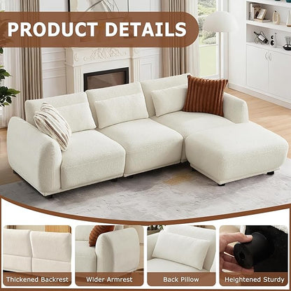 L Shaped Modular Sectional Couch with Removable Ottoman, Convertible Cloud Sofa for Living Room,Comfort Small Couch for Small Spaces(3 Set + 1 Ottomans - White)