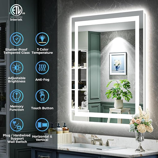 20x30 Inch LED Bathroom Mirror with Lights Front and Backlit Lighted Vanity Mirror for Bathroom Wall with 3 Colors Dimmable Anti-Fog Memory Shatter-Proof IP54 Waterproof Horizontal/Vertical
