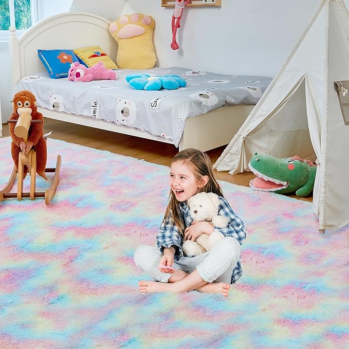 Ultra Soft Rug for Living Room, 4X6 Fluffy Shag Area Rug for Bedroom, Modern Shaggy Carpets Fuzzy Rug for Teens Dorm Nursery Home Decor Aesthetic, Upgrade Anti-Skid Durable, Rainbow
