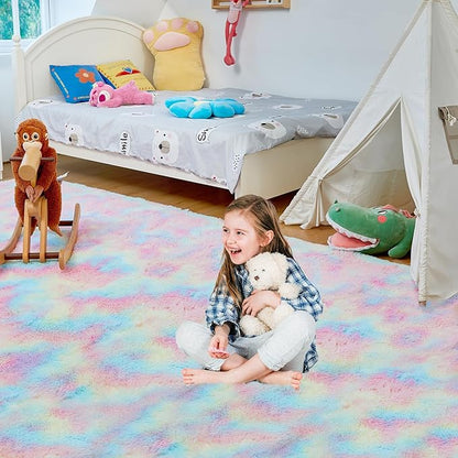 Ultra Soft Rug for Living Room, 6X9 Fluffy Shag Area Rug for Bedroom, Modern Shaggy Carpets Fuzzy Rug for Teens Dorm Nursery Home Decor Aesthetic, Upgrade Anti-Skid Durable, Rainbow