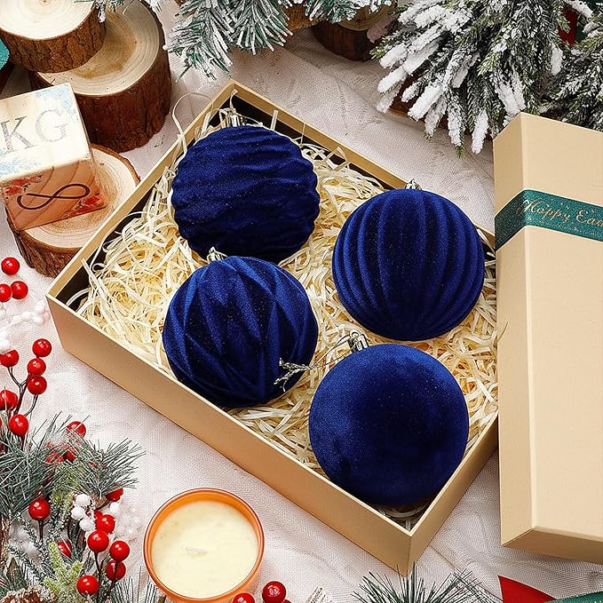 Liliful 12 Pcs Velvet Christmas Ornaments Balls, 4 Inch Flocked Plastic Christmas Tree Ball Shatterproof Hanging Ornaments Decorations for Xmas Tree Vintage Holiday Rustic Home Decor(Blue)
