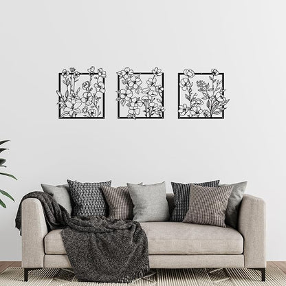 Vineland Metal Floral Wall Art, 11.8x11.8 inches, Set of 3, Black Minimalist Floral Decor for Living room Bathroom Bedroom, Housewarming Gifts