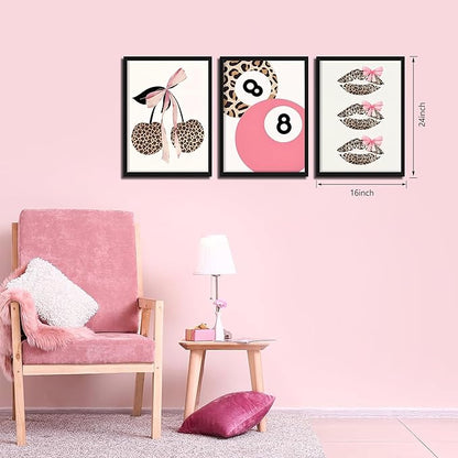 raiqtols Trendy Pink Leopard Bow Wall Art Prints Set of 3 – Funky Cherry and Lucky 8 Ball Posters, Coquette Preppy Aesthetic Pictures for Girls Bedroom Apartment Dorm Room Wall Decor – 16x24in