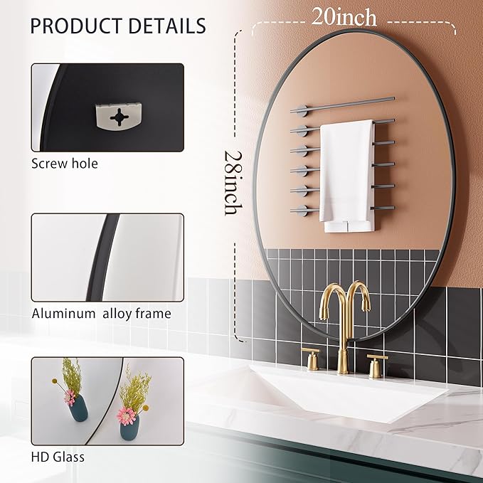 AUYHM Gold 20x28 inch Oval Bathroom Mirror, Wall Mount Home Mirror for Over Sink, High Definition Art Deco Mirror with Aluminum Frame