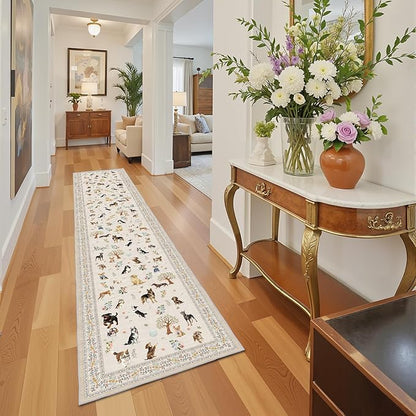 Dog Runner 2x10 Beige, Floral Carpet Non-Slip Washable Rug Ultra-Thin Soft for Hallways, Kitchen Mat Stain Resistant for Entryway Bathroom