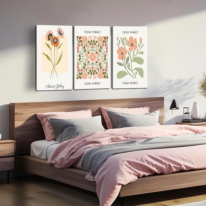 SKYRISE 3 PCS Boho Floral Canvas Wall Art, Rustic Botanical Canvas Paintings Prints ArtWork for Living Room, Vintage Flower Pictures for Farmhouse Dining Room Hallway Bedroom Wall Decor 16"x24"