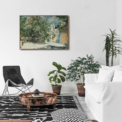 OIQArtOIQ Framed Vintage Landscape Wall Art Orange Trees Still Life Oil Painting Canvas Prints Country Farmhouse Aesthetic Decor Pictures for Kitchen Bedroom Living Room Bathroom