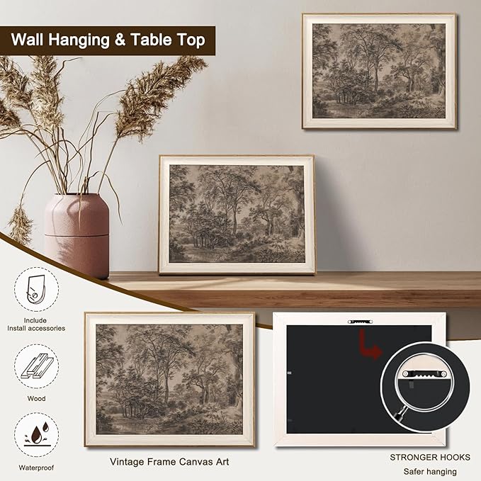 Framed Canvas Wall Art for Living Room Decor, Vintage Neutral Brown Woodland Landscape Painting Farmhouse Canvas Prints Artwork, Antique Wall Pictures Decor for Bedroom Gallery Office, Bathroom Wall Decor - 12x16Inch