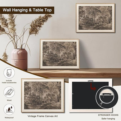 Framed Canvas Wall Art for Living Room Decor, Vintage Neutral Brown Woodland Landscape Painting Farmhouse Canvas Prints Artwork, Antique Wall Pictures Decor for Bedroom Gallery Office, Bathroom Wall Decor - 12x16Inch