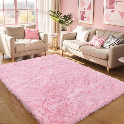 KCHOWUA Pink Fluffy Shag Rug for Bedroom Girls,6'x9' Machine Washable Plush Fuzzy Throw Large Area Rugs for Living Room,Modern Soft Cute Shaggy Furry Nursery Kids Baby Dorm Room Carpets