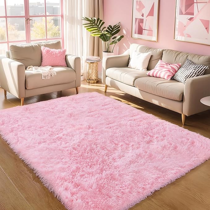 KICHOWUA Area Rug 5x7 Pink Fluffy Shag – Ultra Soft Plush Fuzzy Washable Thickened Non-Slip Fuzzy Carpet for Girls Bedroom Living Room, Modern Furry Shaggy Rug for Kids Nursery Boys Dorm Room