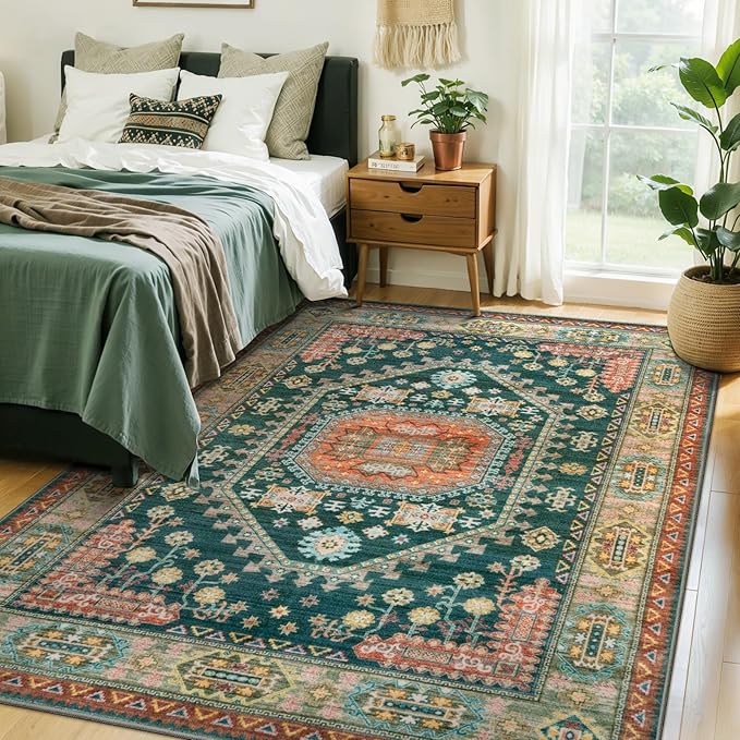 Tangsoo Vintage 4x6 Rug for Living Room,Washable Indoor Area Rug Non-Slip Rubber Backing Mat,Yellow Green Multi Geometric Soft Low Pile Carpet for Front Porch Dining Room Patio Bedroom