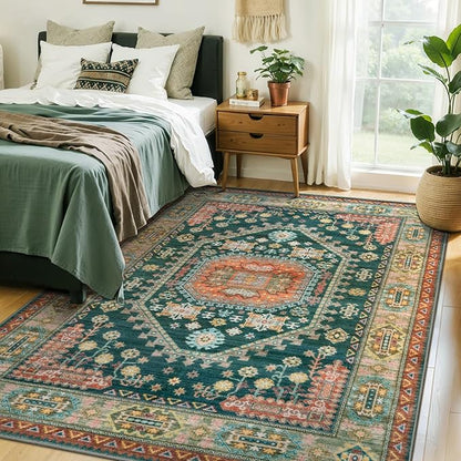 Tangsoo Vintage 4x6 Rug for Living Room,Washable Indoor Area Rug Non-Slip Rubber Backing Mat,Yellow Green Multi Geometric Soft Low Pile Carpet for Front Porch Dining Room Patio Bedroom
