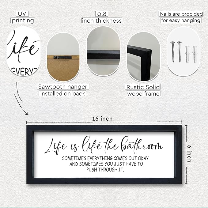 Life Is Like The Bathroom Sign Funny Motivational Quote Wall Decor 16"×6" Small Wood Framed for Bathroom Restroom Wall Hanging Art (Black)
