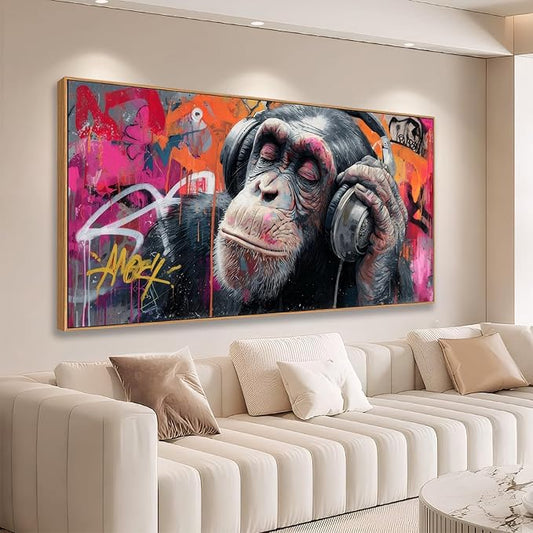 Sorbrozo DJ Gorilla Canvas Wall Art with Wood Frame - Vibrant Street Graffiti Animal Painting Music Themed Ready to Hang Decor for Living Room Bedroom & Man Cave 20x40in