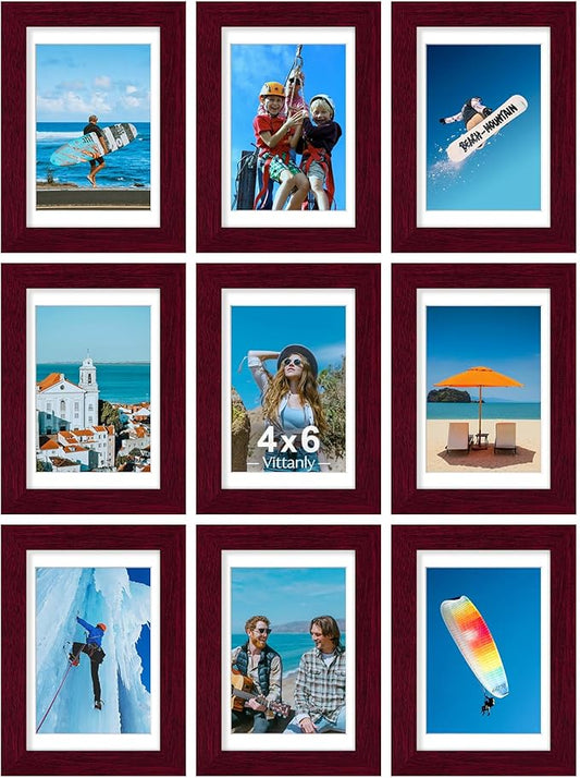 Vittanly 4x6 Picture Frames Set of 9, Display 3.5x5 Pictures with Mat or 4x6 without Mat, Photo Frames for Wall or Tabletop with Plexiglass, Engineered Wood, Cherry Red
