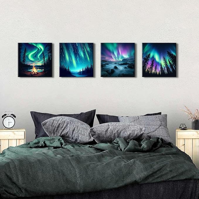 Northern Lights Wall Art Aurora Mountain Scenery Pictures Wall Decor Colorful Forest Landscape Canvas Prints Paintings Nature Aurora Borealis Posters Farmhouse Artwork Living Room Decoration 12x12”