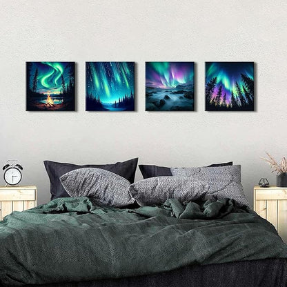 Northern Lights Wall Art Aurora Mountain Scenery Pictures Wall Decor Colorful Forest Landscape Canvas Prints Paintings Nature Aurora Borealis Posters Farmhouse Artwork Living Room Decoration 12x12”