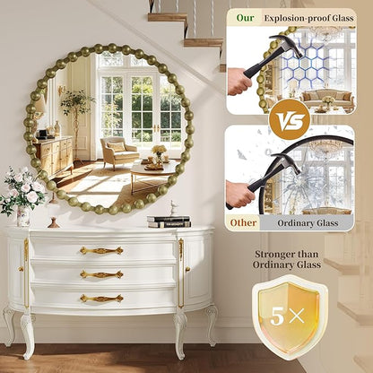 Round Vintage Vanity Mirror, 24 Inch Beaded Frame Circle Wall Mirror for Bathroom, Bedroom Dresser, Entryway, Living Room, Decorative Hanging Wall Mirror, Bronze