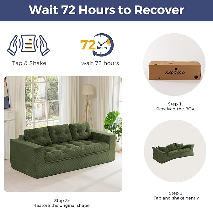 MAXYOYO 79" Loveseat Sofa Couch for Small Spaces, Upholstered Boneless Cloud Couch for Apartment Bedroom, 3-Seater Love Seat Floor Modern Sofa with Pillows, No Assembly Required, Dark Green