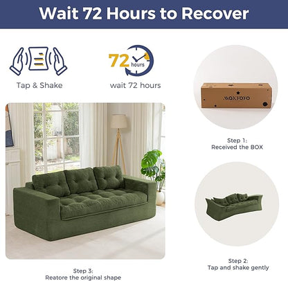 MAXYOYO 79" Loveseat Sofa Couch for Small Spaces, Upholstered Boneless Cloud Couch for Apartment Bedroom, 3-Seater Love Seat Floor Modern Sofa with Pillows, No Assembly Required, Dark Green