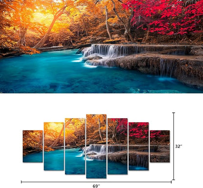 Visual Art Decor Xlarge 7 Pieces Blue Lake Waterfall in Red Fall Forest Canvas Wall Art Nature Landscape Wall Decor, Framed Ready to Hang for Modern Living Room Bedroom Office Decoration