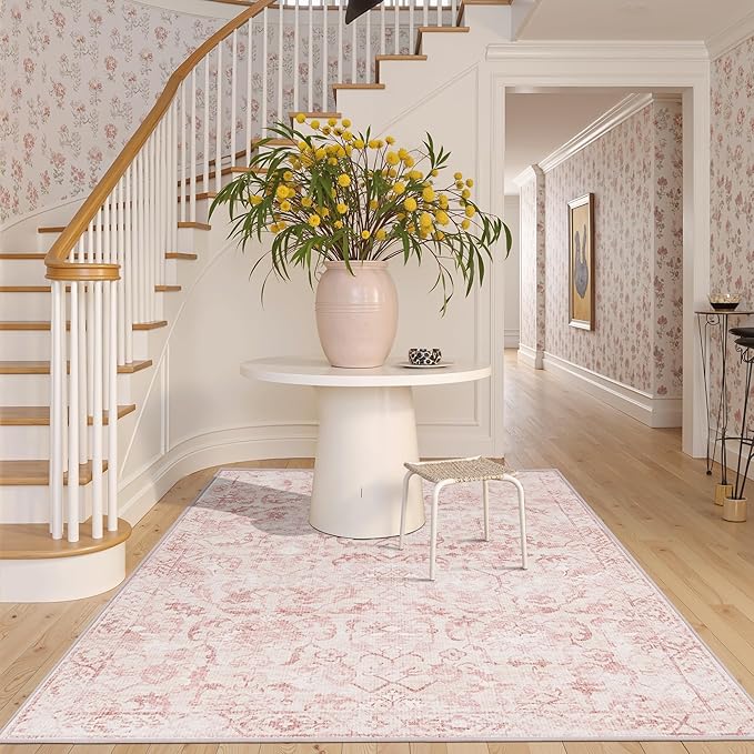 Pink Vintage Area Rug 4x6 for Living Room Bedroom, Washable Distressed Farmhouse Soft Thin Non-Shedding Indoor Throw Rug, Traditional Accent Carpet for Bedroom Office