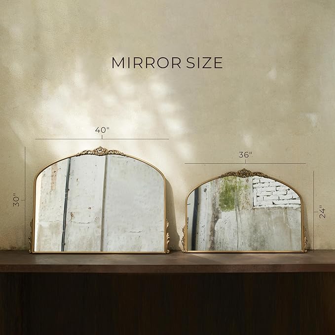 Vintage Gold Wall Mirror - 36x24 Inch, Baroque Arched Design, Ornate Crown Metal Frame, Distressed Gold Finish, Large Antique Decorative Mirror for Fireplace Mantle, Living Room, Bathroom, Entryway