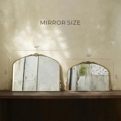 Vintage Gold Wall Mirror - 36x24 Inch, Baroque Arched Design, Ornate Crown Metal Frame, Distressed Gold Finish, Large Antique Decorative Mirror for Fireplace Mantle, Living Room, Bathroom, Entryway