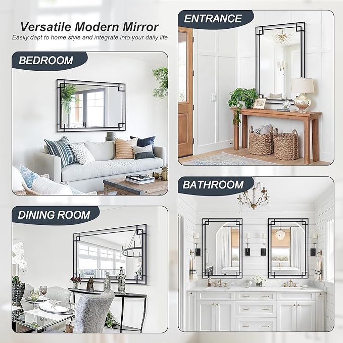Chende 32''x47'' Large Black Mirror for Wall with Metal Frame, Modern Rectangular Decorative Mirror for Bathroom, Fireplace, Sofa, Horizontal/Vertical Hanging