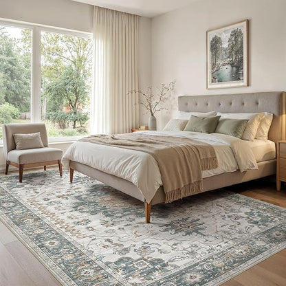 EIEIHOUSE Washable Area Rugs for Living Room - 7x9 Neutral Vintage Distressed Floral Farmhouse Boho Large Soft Floor Rug Indoor Non Slip Carpet for Living Room Bedroom Dining Room Office - Green/Grey