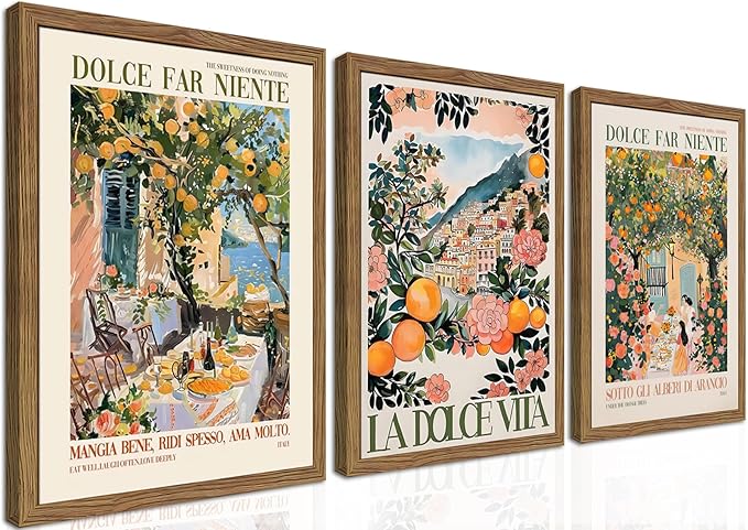 Framed Italian Scenery Wall Art Set of 3, Amalfi Coast Kitchen Wall Art, Vintage City Landscape Canvas Print, Trendy Italian Food Pictures Artwork for Living Room Dining Room – 16x24 inch