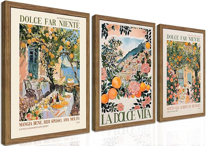 Framed Italian Scenery Wall Art Set of 3, Amalfi Coast Kitchen Wall Art, Vintage City Landscape Canvas Print, Trendy Italian Food Pictures Artwork for Living Room Dining Room – 16x24 inch
