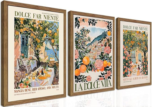 Framed Italian Scenery Wall Art Set of 3, Amalfi Coast Kitchen Wall Art, Vintage City Landscape Canvas Print, Trendy Italian Food Pictures Artwork for Living Room Dining Room – 16x24 inch