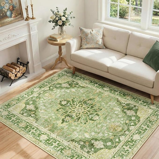 RELEANY Area Rugs 4'x5' Washable Non-Slip, Floral Vintage Distress Print Pattern Medallion Carpet for Living Room Bedroom Dining Room, Sage Green Yellow