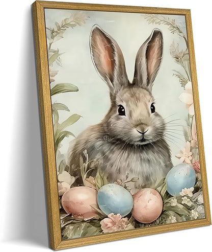 Easter Bunny Wall Art, Vintage Rabbit Canvas Wall Decor, Easter Eggs Poster Print Picture, Spring Farmhouse Animal Painting for Living Room Bedroom Kitchen Holiday Home Decor 16x24 Inch Wood Framed