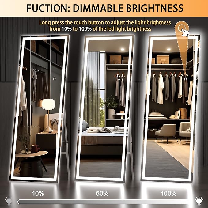 Hasipu Full Length Mirror with Lights, 67" x 24" LED Lighted Floor Standing, Full Body Dressing Hanging Mounted Mirror, Tempered Glass, Square White