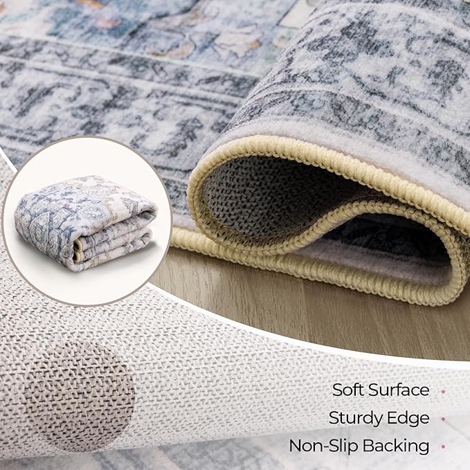 CAPALOCA Machine Washable Rugs Nursery Rug 5x8 Cute Girl Non Slip Low Pile Water Repellent Soft Print Pattern for Bedroom Indoor Decor Kids Playroom Blue White