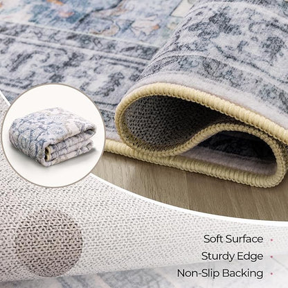 CAPALOCA Machine Washable Rugs Nursery Rug 7x9 Cute Girl Non Slip Low Pile Water Repellent Soft Print Pattern for Bedroom Indoor Decor Kids Playroom Blue White