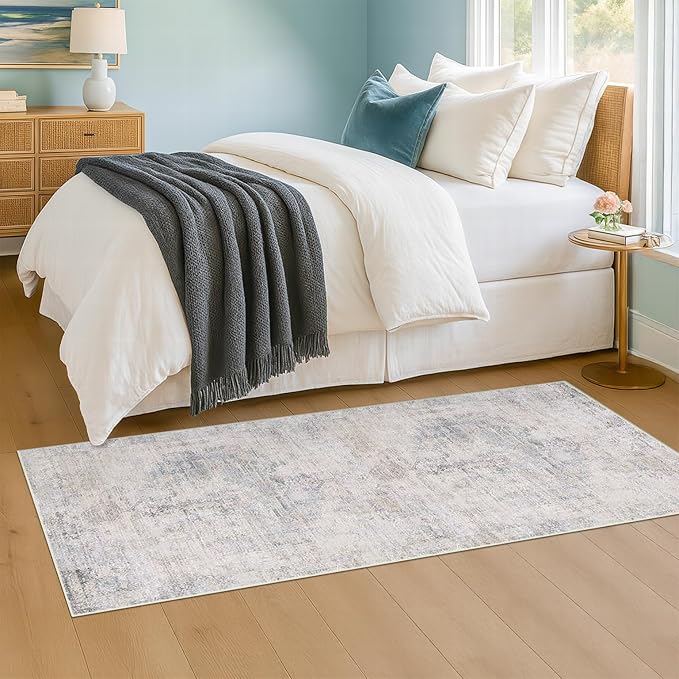 Hazo Haus Light Blue 2x5 Bathroom Runner Rug, Non-Slip Washable Runner for Kitchen, Laundry Room & Hallway, Abstract Design with Tan Accents, Eclectic Décor